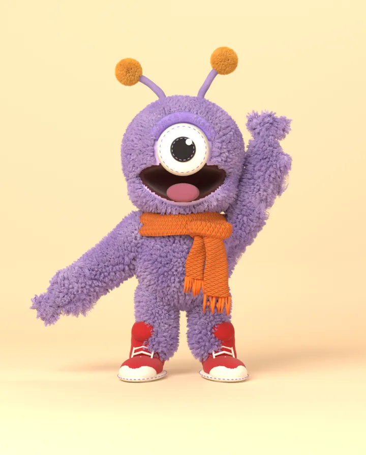 Pip, a purple one-eyed puppet with antennae, an orange scarf and red sneakers